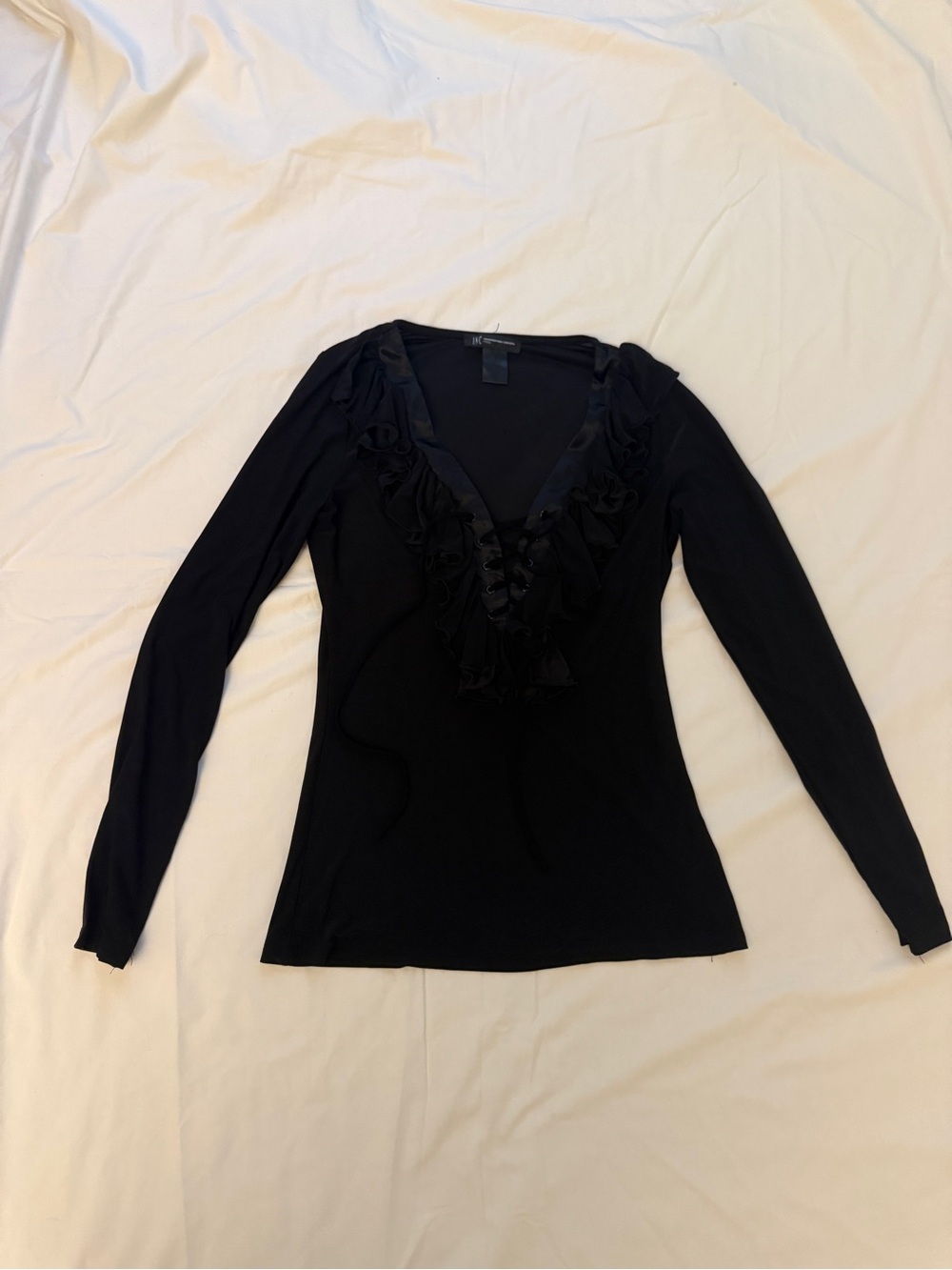 INC International Concepts Black Long-Sleeve Ruffle V-Neck Top